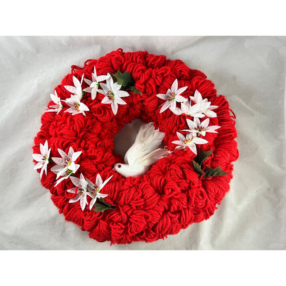 Handmade Holiday Wreath Red Yarn Dove Faux Poinsettia Floral Accents Vintage